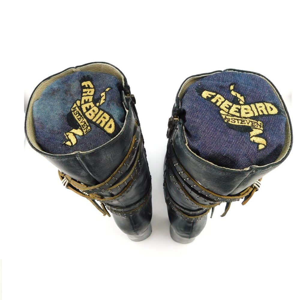 Unworn FREEBIRD Waxed Black Stud Detail Strap Buckle Block Heel Boots 8 - Picture 8 of 10
